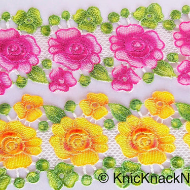 Yellow / Pink, Green and White Embroidered Flower Lace Trim, Approx 80mm wide